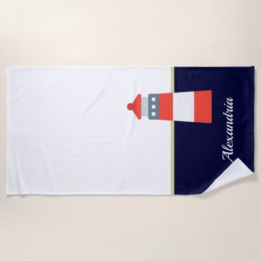 Nautical Gold Navy Blue Red White Lighthouse Strandlaken (Voorkant)