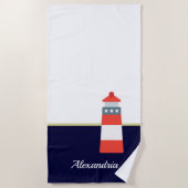 Nautical Gold Navy Blue Red White Lighthouse Strandlaken (Voorkant)