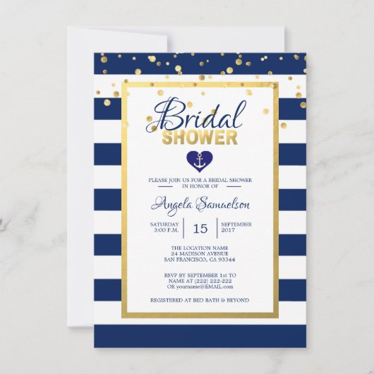 Nautical Gold Navy Blue Stripes Vrijgezellenfeest Kaart (Voorkant)
