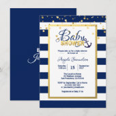 Nautical Gold Navy Blue White Stripes Baby shower Kaart (Voorkant / Achterkant)