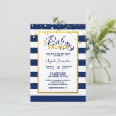 Nautical Gold Navy Blue White Stripes Baby shower Kaart (Staand voorkant)