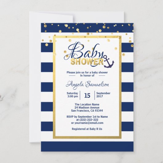 Nautical Gold Navy Blue White Stripes Baby shower Kaart (Voorkant)