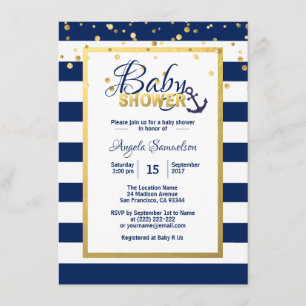 Nautical Gold Navy Blue White Stripes Baby shower Kaart
