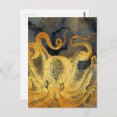 Nautical Gold Octopus Black Ink Waterverf Briefkaart (Voorkant / Achterkant)