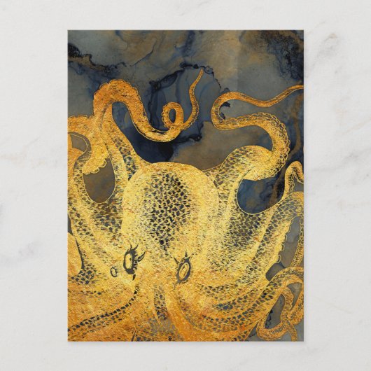 Nautical Gold Octopus Black Ink Waterverf Briefkaart (Voorkant)
