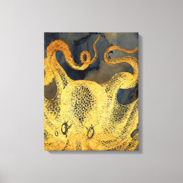 Nautical Gold Octopus Black Ink Waterverf Canvas Afdruk