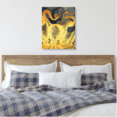 Nautical Gold Octopus Black Ink Waterverf Canvas Afdruk (Insitu (Slaapkamer))