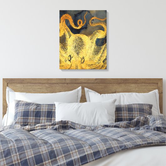 Nautical  Gold Octopus Black Ink Waterverf Canvas Afdruk (Insitu (Slaapkamer))