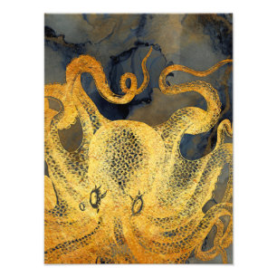 Nautical  Gold Octopus Black Ink Waterverf Foto Afdruk