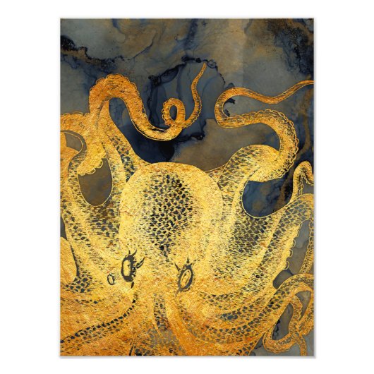 Nautical  Gold Octopus Black Ink Waterverf Foto Afdruk (Voorkant)