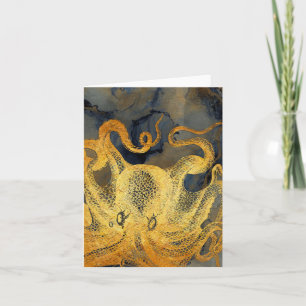 Nautical  Gold Octopus Black Ink Waterverf Notitiekaartje