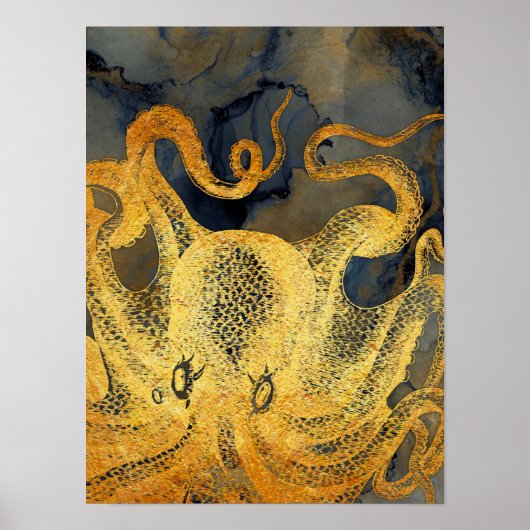 Nautical  Gold Octopus Black Ink Waterverf Poster (Voorkant)
