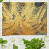 Nautical Gold Octopus Black Ink Waterverf Theedoek (Gevouwen)