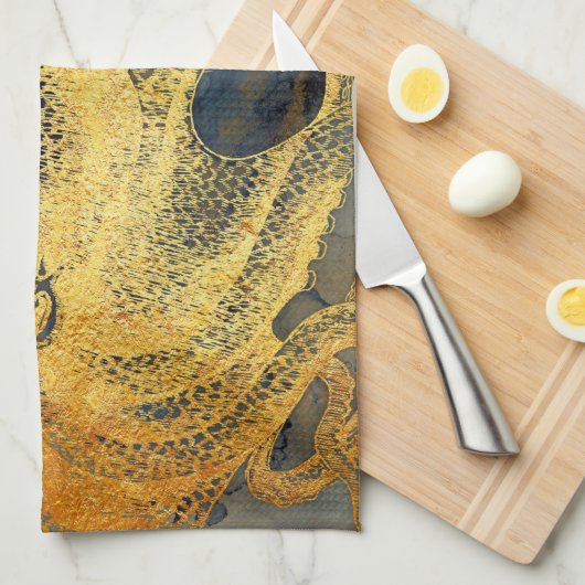 Nautical  Gold Octopus Black Ink Waterverf Theedoek (Quarter Fold)