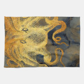 Nautical Gold Octopus Black Ink Waterverf Theedoek (Horizontaal)