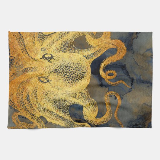 Nautical  Gold Octopus Black Ink Waterverf Theedoek (Horizontaal)