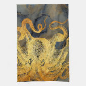 Nautical  Gold Octopus Black Ink Waterverf Theedoek (Verticaal)