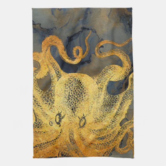 Nautical Gold Octopus Black Ink Waterverf Theedoek (Verticaal)