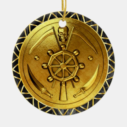 Nautical Gold Pirate Ship's Wheel Medallion Keramisch Ornament (Voorkant)