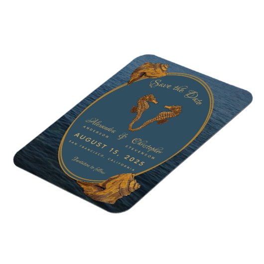 Nautical Gold Seahorse Beach Bruiloft Save the Dat Magneet (Linkerzijde)