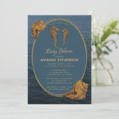 Nautical Gold Seahorses Blue Ocean Baby shower Kaart (Staand voorkant)