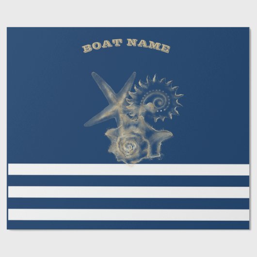 Nautical, Gold Seashells Navy Blue Stripes Cadeaupapier (Vlak)