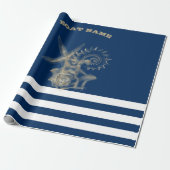 Nautical, Gold Seashells Navy Blue Stripes Cadeaupapier (Uitgerold)