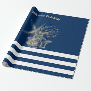 Nautical, Gold Seashells Navy Blue Stripes Cadeaupapier