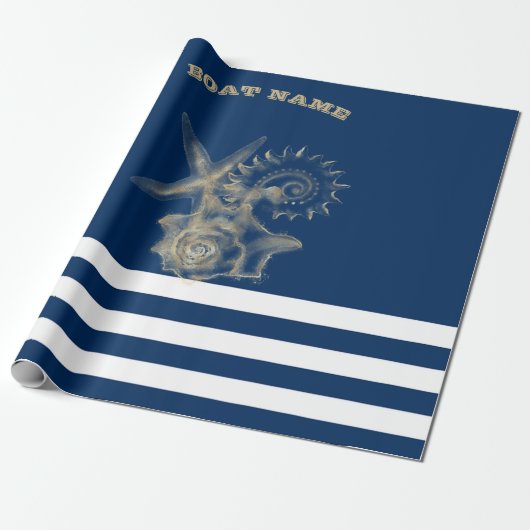 Nautical, Gold Seashells Navy Blue Stripes Cadeaupapier (Uitgerold)