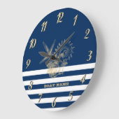 Nautical, Gold Seashells Navy Blue Stripes Grote Klok (Hoek)