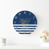 Nautical, Gold Seashells Navy Blue Stripes Grote Klok (Huis)