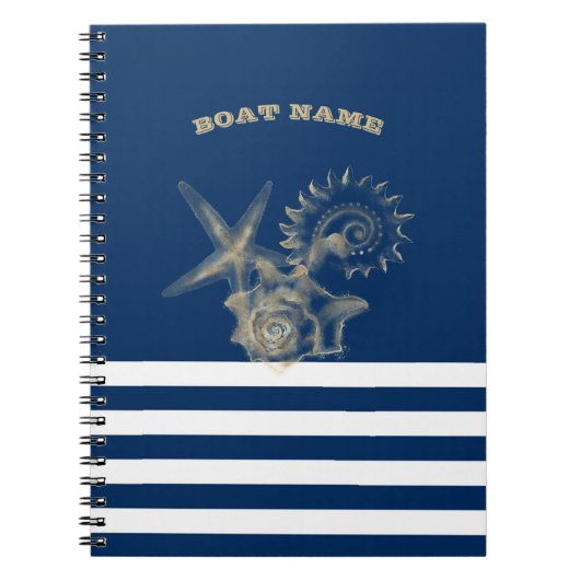Nautical, Gold Seashells Navy Blue Stripes Notitieboek (Voorkant)