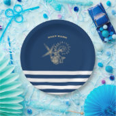 Nautical, Gold Seashells Navy Blue Stripes Papieren Bordje (Feest)
