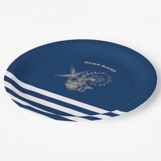 Nautical, Gold Seashells Navy Blue Stripes Papieren Bordje (Gekanteld)