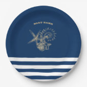 Nautical, Gold Seashells Navy Blue Stripes Papieren Bordje (Voorkant)