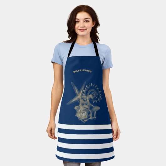 Nautical, Gold Seashells Navy Blue Stripes Schort (Gedragen)