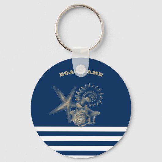 Nautical, Gold Seashells Navy Blue Stripes Sleutelhanger (Voorkant)