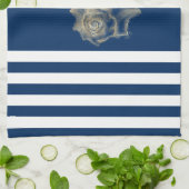 Nautical, Gold Seashells Navy Blue Stripes Theedoek (Gevouwen)