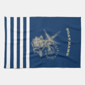 Nautical, Gold Seashells Navy Blue Stripes Theedoek (Horizontaal)