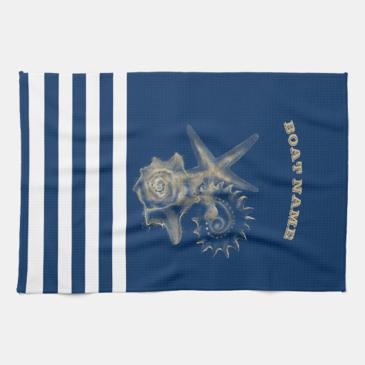 Nautical, Gold Seashells Navy Blue Stripes Theedoek (Horizontaal)