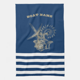 Nautical, Gold Seashells Navy Blue Stripes Theedoek