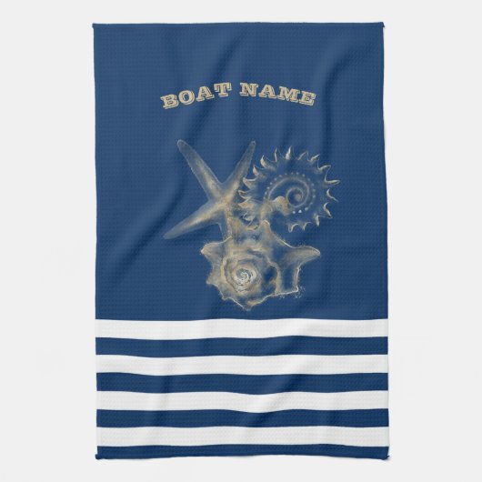 Nautical, Gold Seashells Navy Blue Stripes Theedoek (Verticaal)