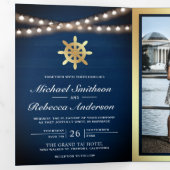 Nautical Gold Ship's Wheel Wedding van Navy Blue W Drieluik Uitnodiging (Binnenzijde eerst)