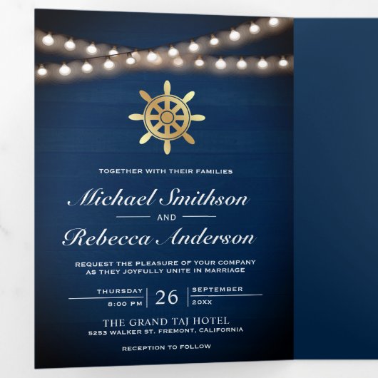 Nautical Gold Ship's Wheel Wedding van Navy Blue W Drieluik Uitnodiging (Binnenzijde eerst)