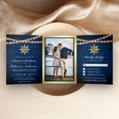 Nautical Gold Ship's Wheel Wedding van Navy Blue W Drieluik Uitnodiging