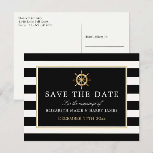 Nautical Gold Wheel, Black & Gold Save the Date Aankondigingskaart (Voorkant / Achterkant)