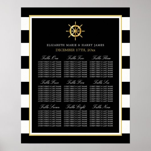 Nautical Gold Wheel, Black & Gold Seating Chart Poster (Voorkant)