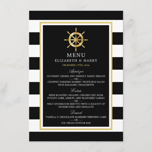  Nautical Gold Wheel, Black & Gold Weddenschap Menu (Voorkant)