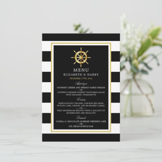  Nautical Gold Wheel, Black & Gold Weddenschap Menu (Staand voorkant)