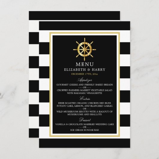  Nautical Gold Wheel, Black & Gold Weddenschap Menu (Voorkant / Achterkant)